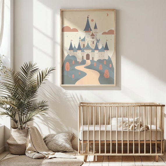 Enchanted Castle Nursery Wall Art Kids Fairy Tale Poster Storybook Decor Whimsical Castle Print Neutral Palette Gift For Kids