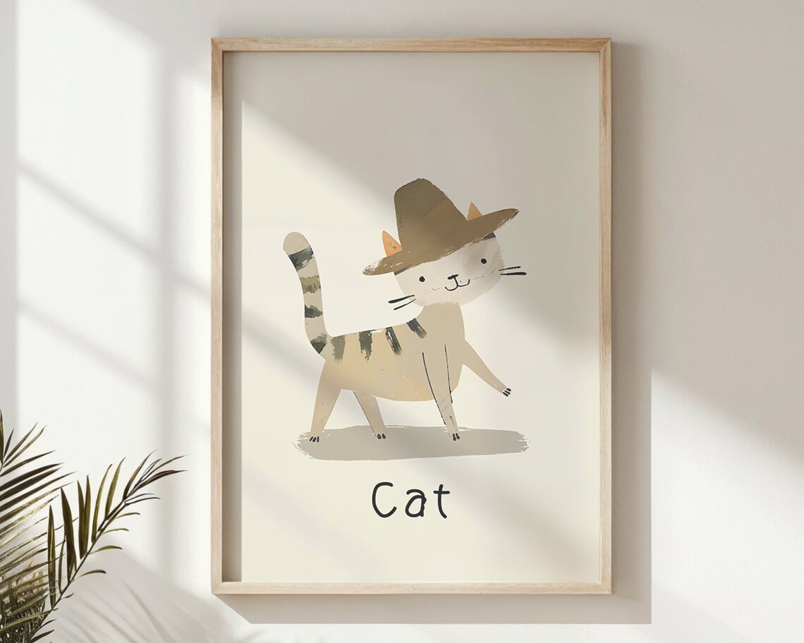 Cat With Hat Nursery Wall Art, Playful Feline Poster