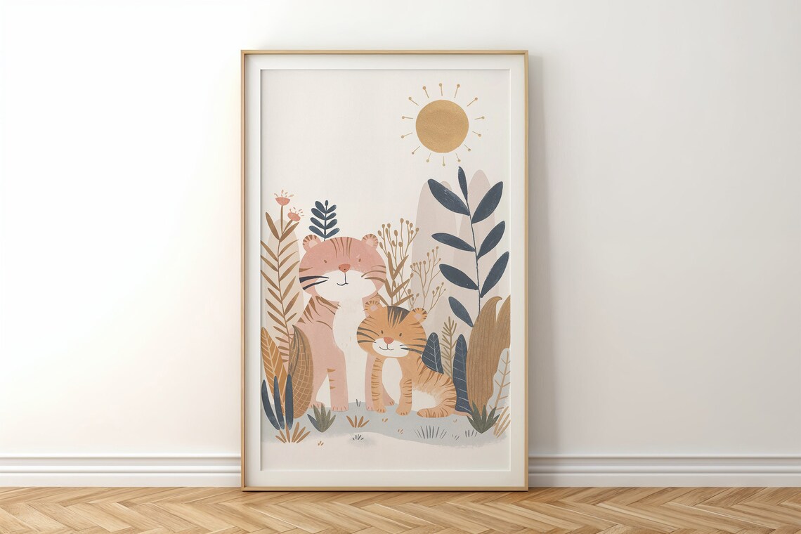 Tiger And Cub Nursery Poster Sun Grassland Playful Kids Room Art - Image 4