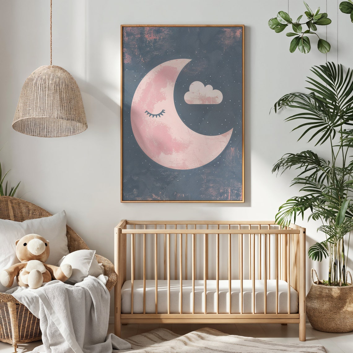 Sleepy Pink Crescent Moon And Cloud On Navy Night Sky Nursery Poster - Image 2