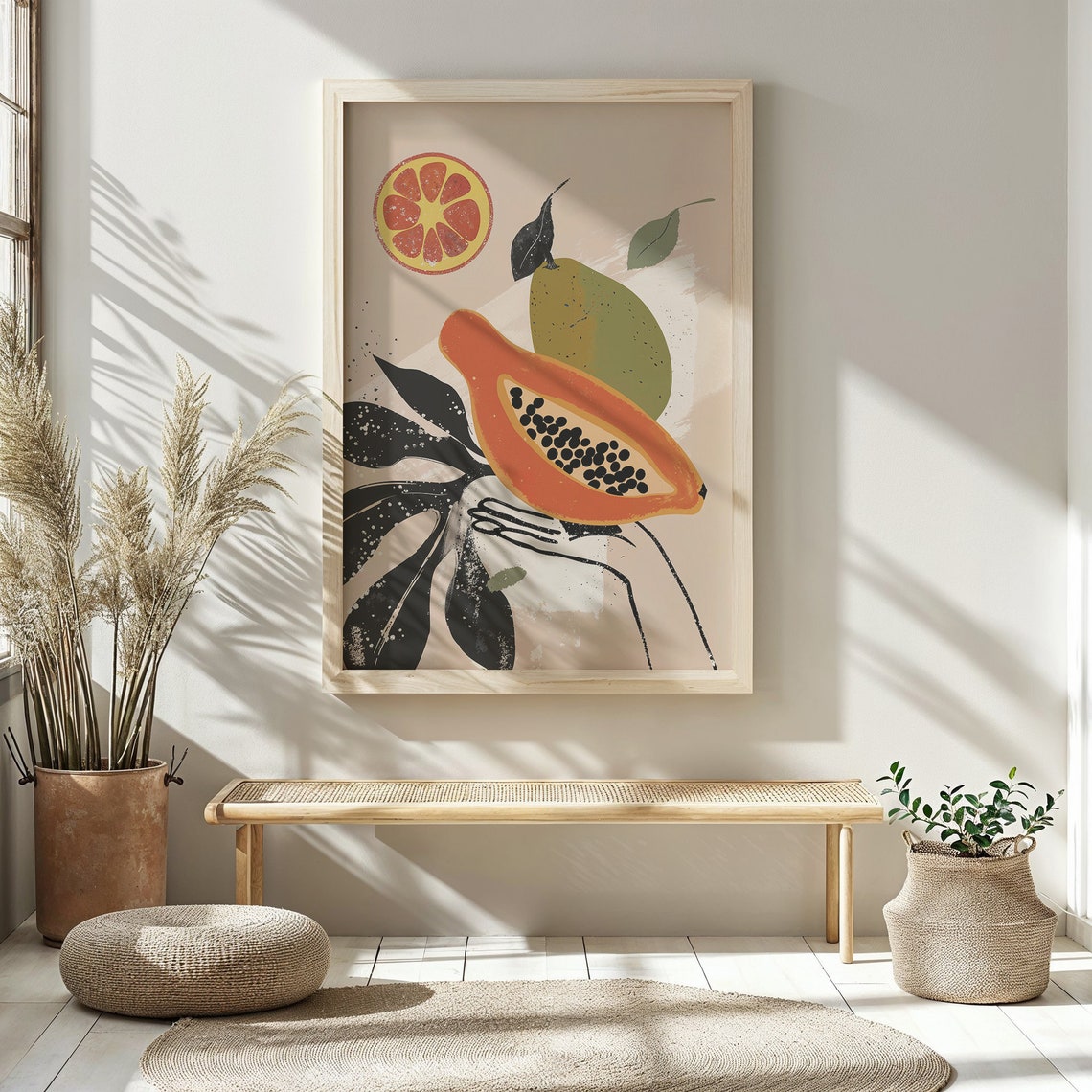 Hand Holding Papaya Blood Orange Monstera Modern Tropical Art Print