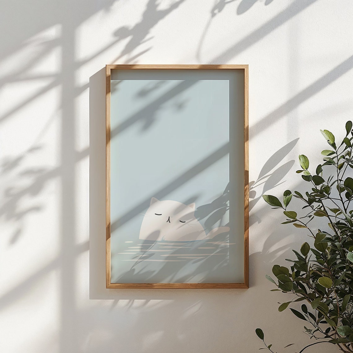 White Cat Bath Time Calm Blue Minimalist Nursery Wall Art Poster - Image 5