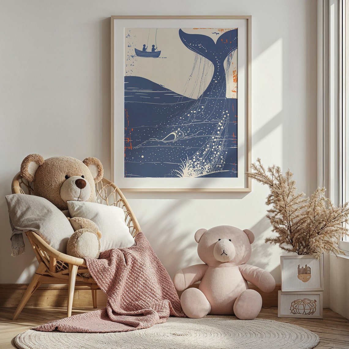 Whale Tail Diving Fishing Boat Deep Blue Orange Nautical Art Poster - Image 5