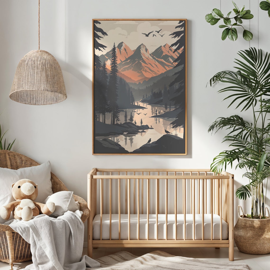 Serene Mountain Lake Pine Forest Birds Warm Sunset Wall Poster - Image 4