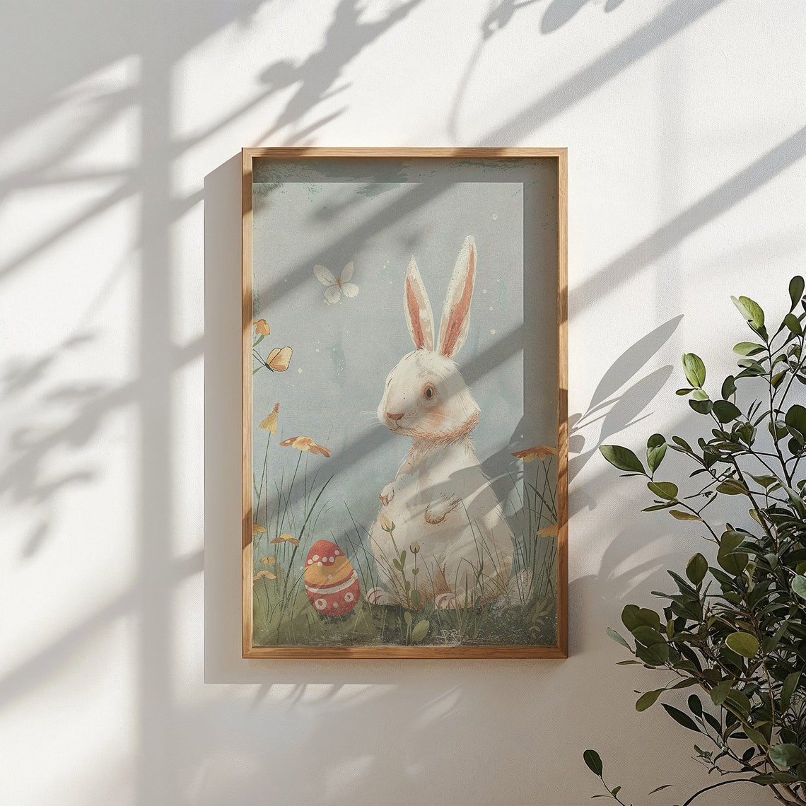 White Bunny Grassy Meadow Butterfly Vintage Easter Nursery Poster - Image 5