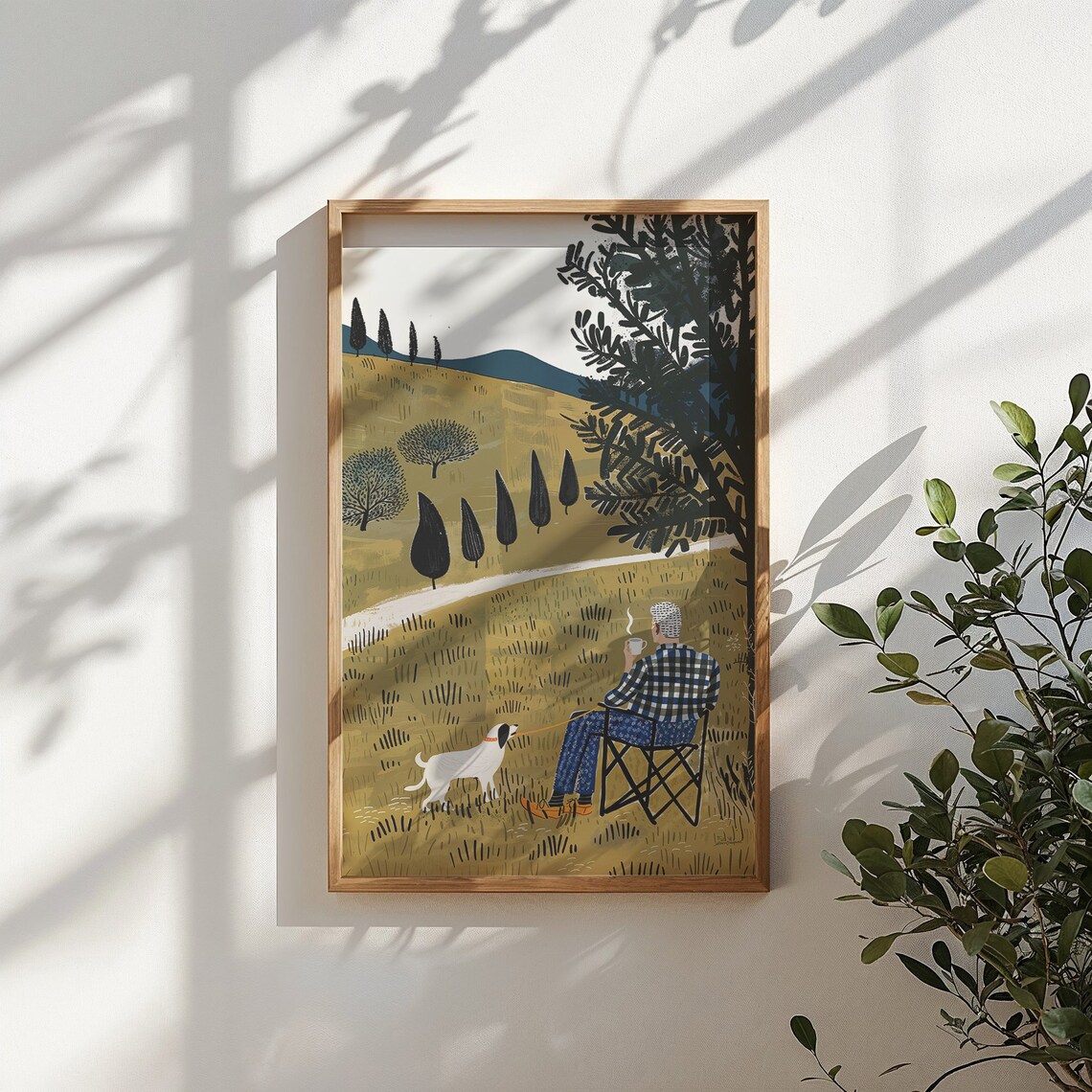 Elderly Man Coffee Dog Golden Field Cypress Trees Calm Wall Poster - Image 3