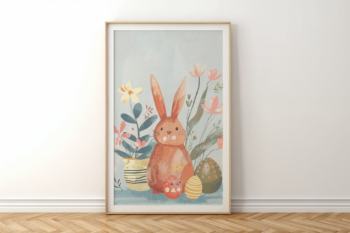 Orange Bunny With Easter Eggs And Flowers Pastel Spring Art Print - Image 6