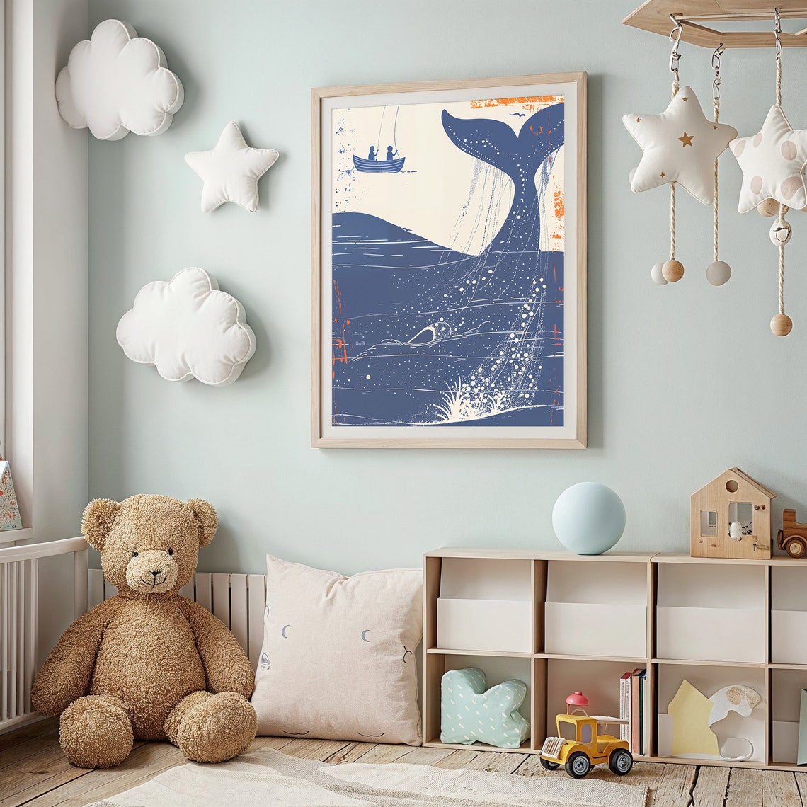 Whale Tail Diving Fishing Boat Deep Blue Orange Nautical Art Poster - Image 3