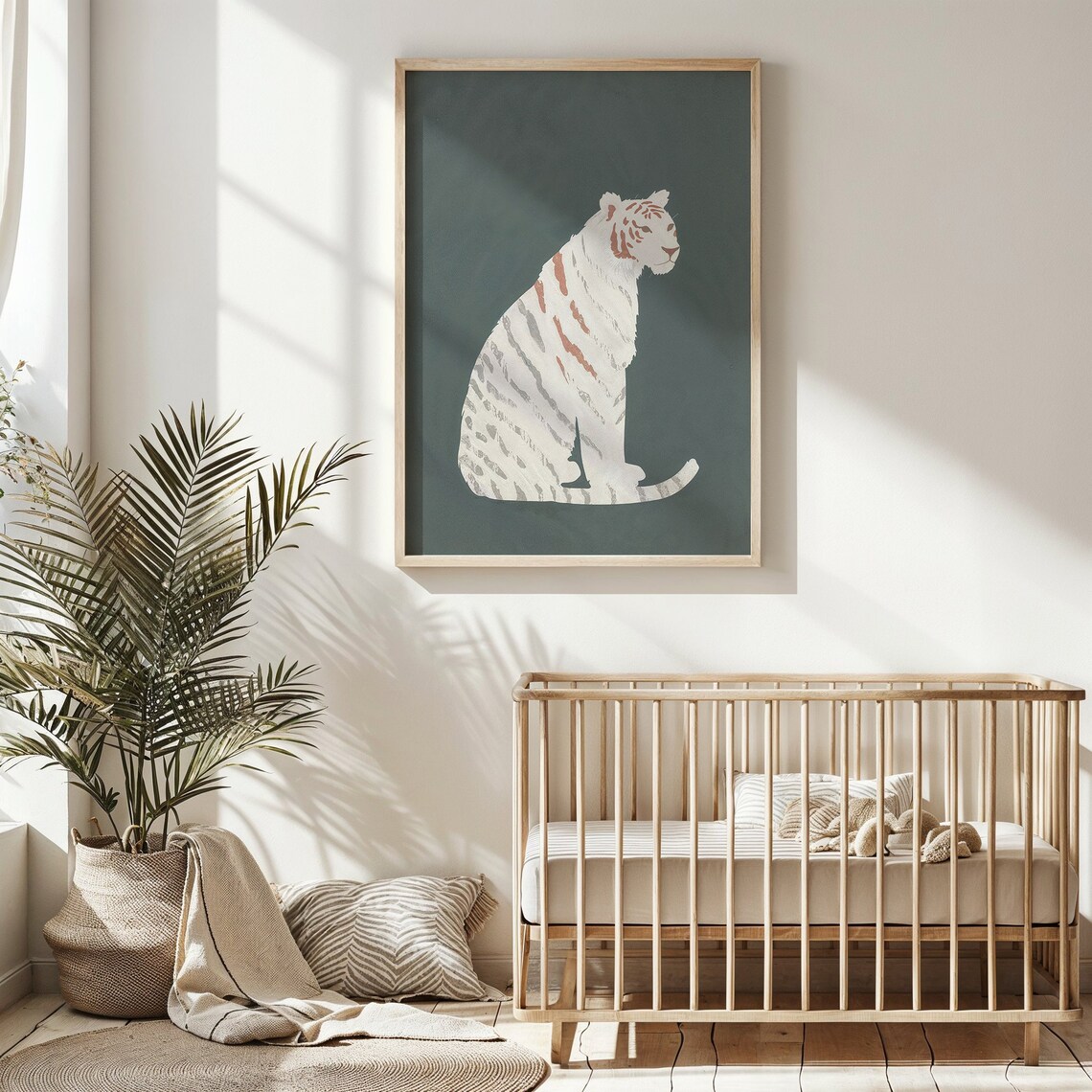 White Tiger With Grey Stripes On Forest Green Nursery Jungle Art Poster