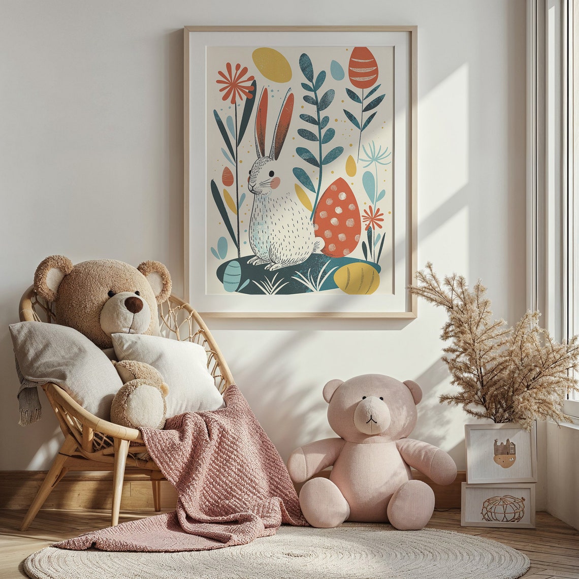 White Bunny Patterned Easter Eggs Modern Botanical Kids Room Poster - Image 3