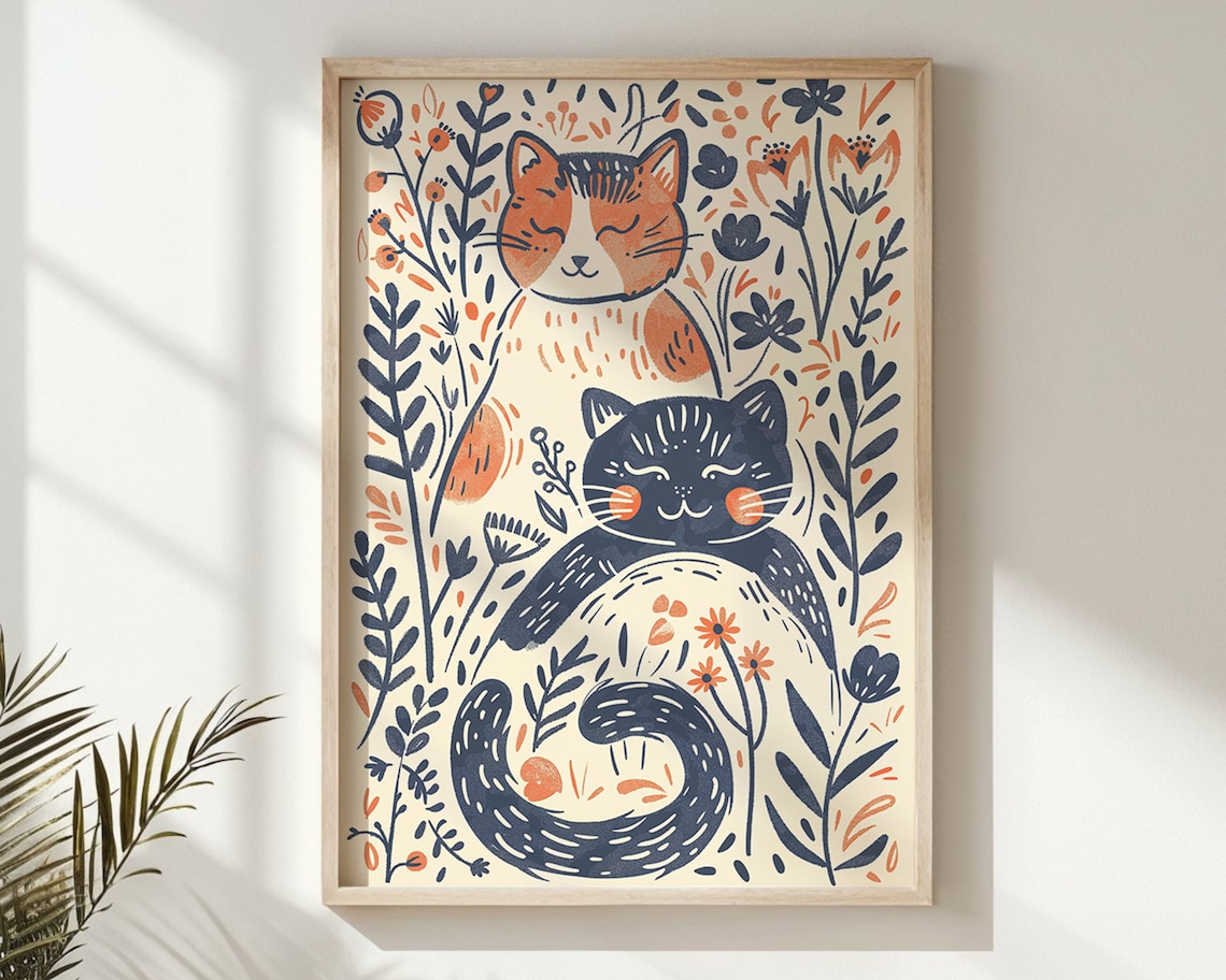 Floral Cats Illustration Orange And Navy Whimsical Kids Room Wall Art Poster