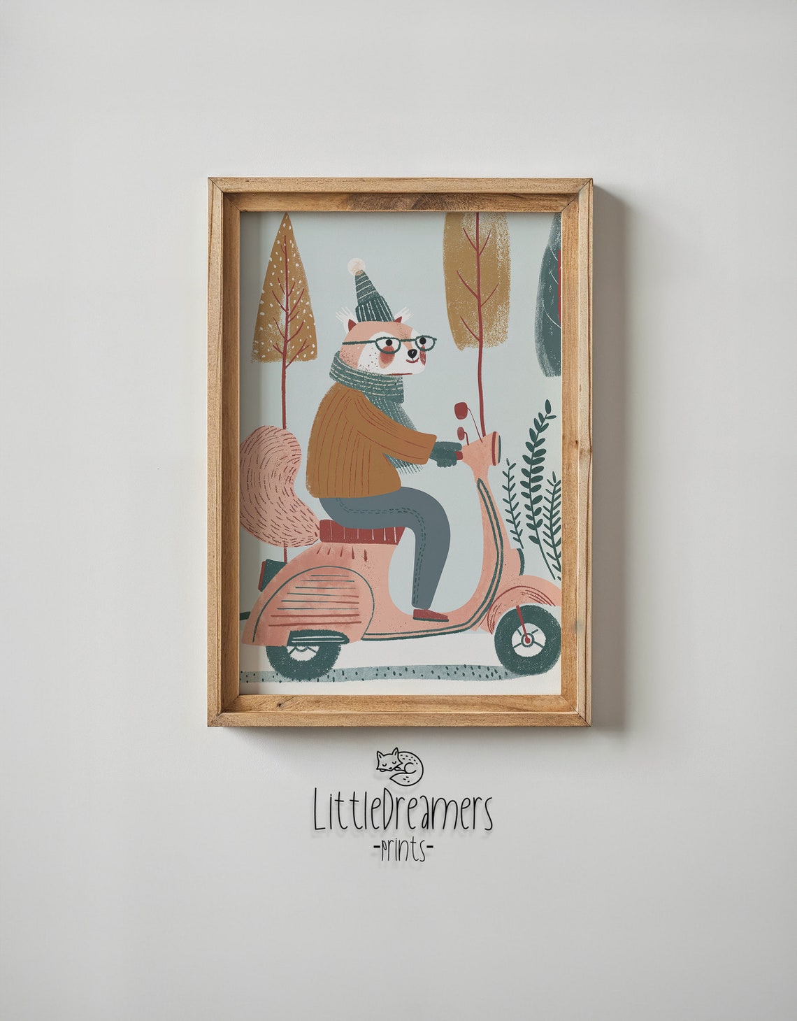 Fox Riding Pink Scooter Nursery Poster Glasses Hat Playful Kids Art - Image 4