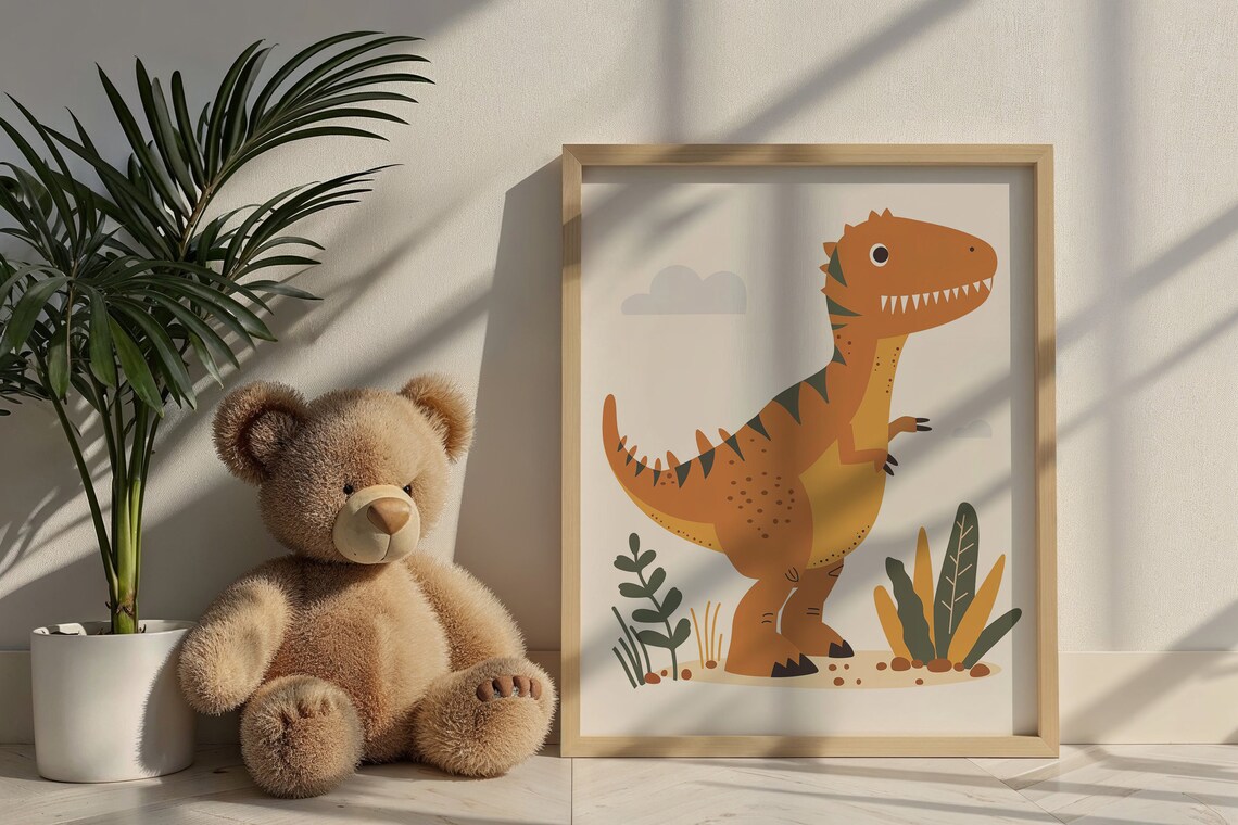 Playful Orange T Rex Dinosaur Illustration Kids Room Nursery Poster - Image 6