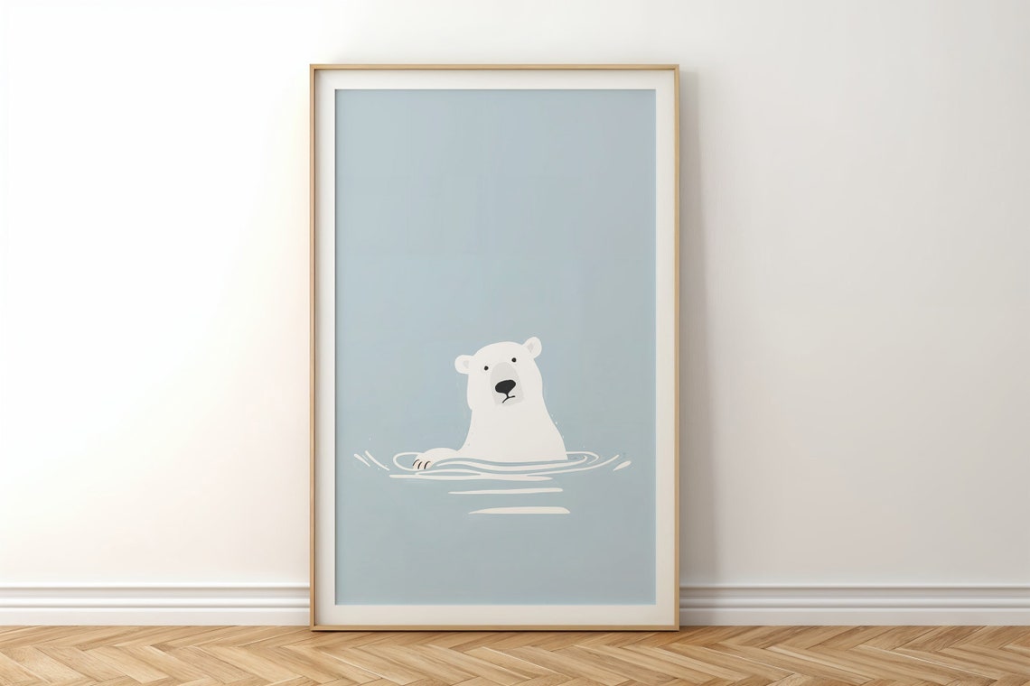 Swimming Polar Bear Calm Blue Water Minimalist Nursery Wall Poster - Image 5