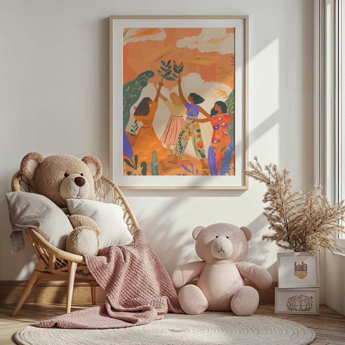 Diverse Women Holding Branches Aloft Orange Sky Friendship Poster - Image 2
