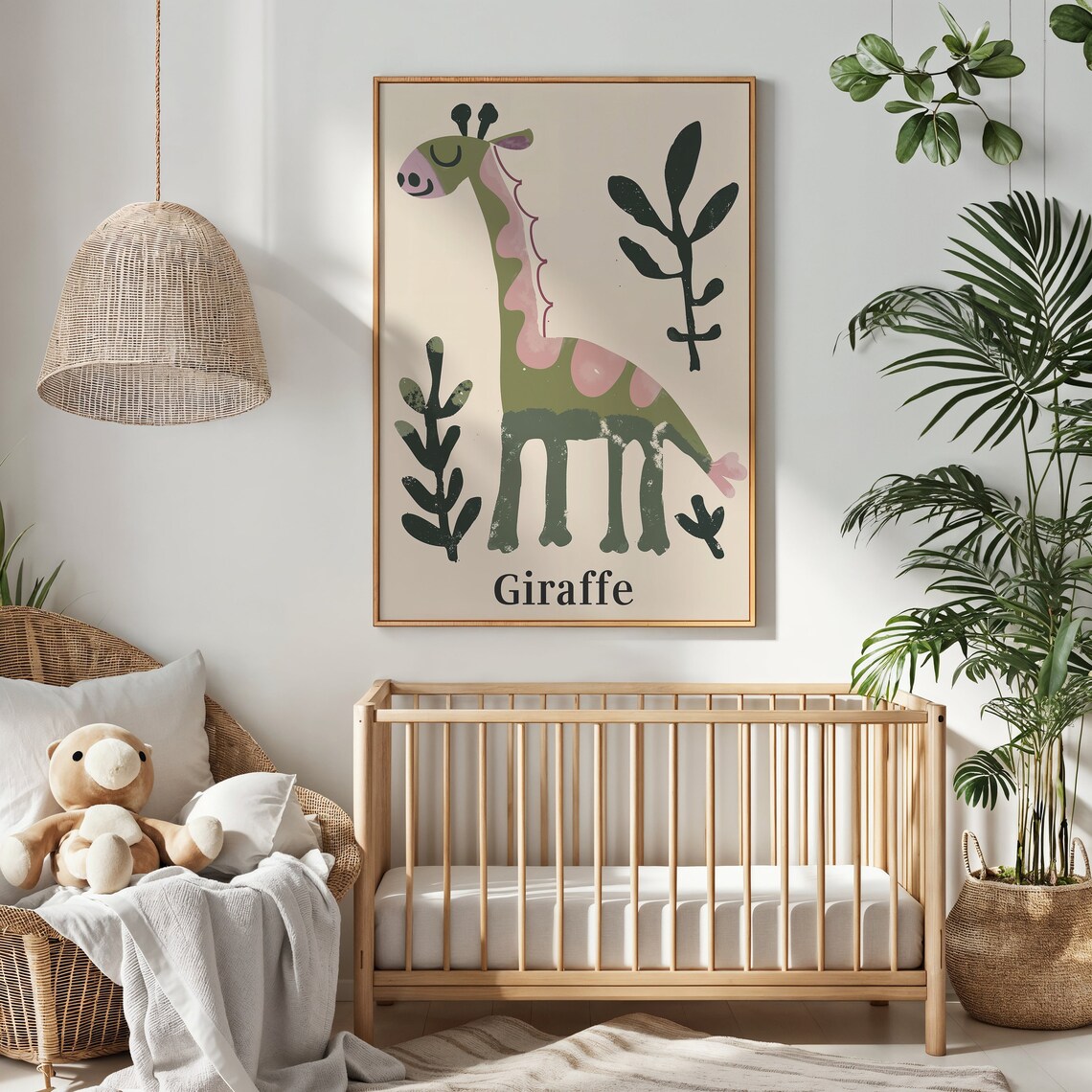 Smiling Green Giraffe Pink Patches Jungle Leaves Kids Wall Poster - Image 2