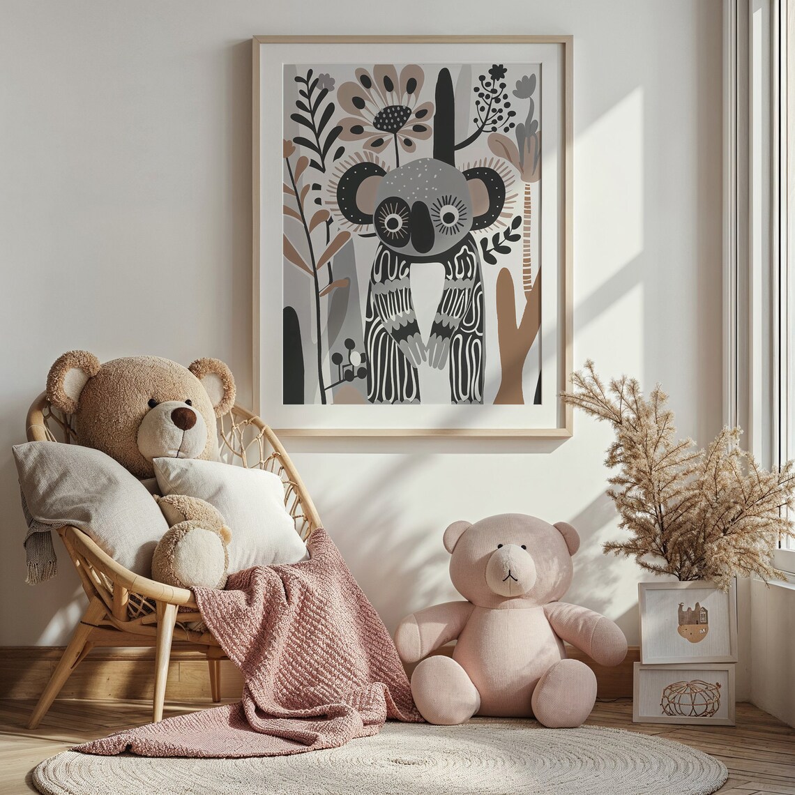 Monochrome Koala Folk Art Nursery Poster Black White Botanical Print - Image 4