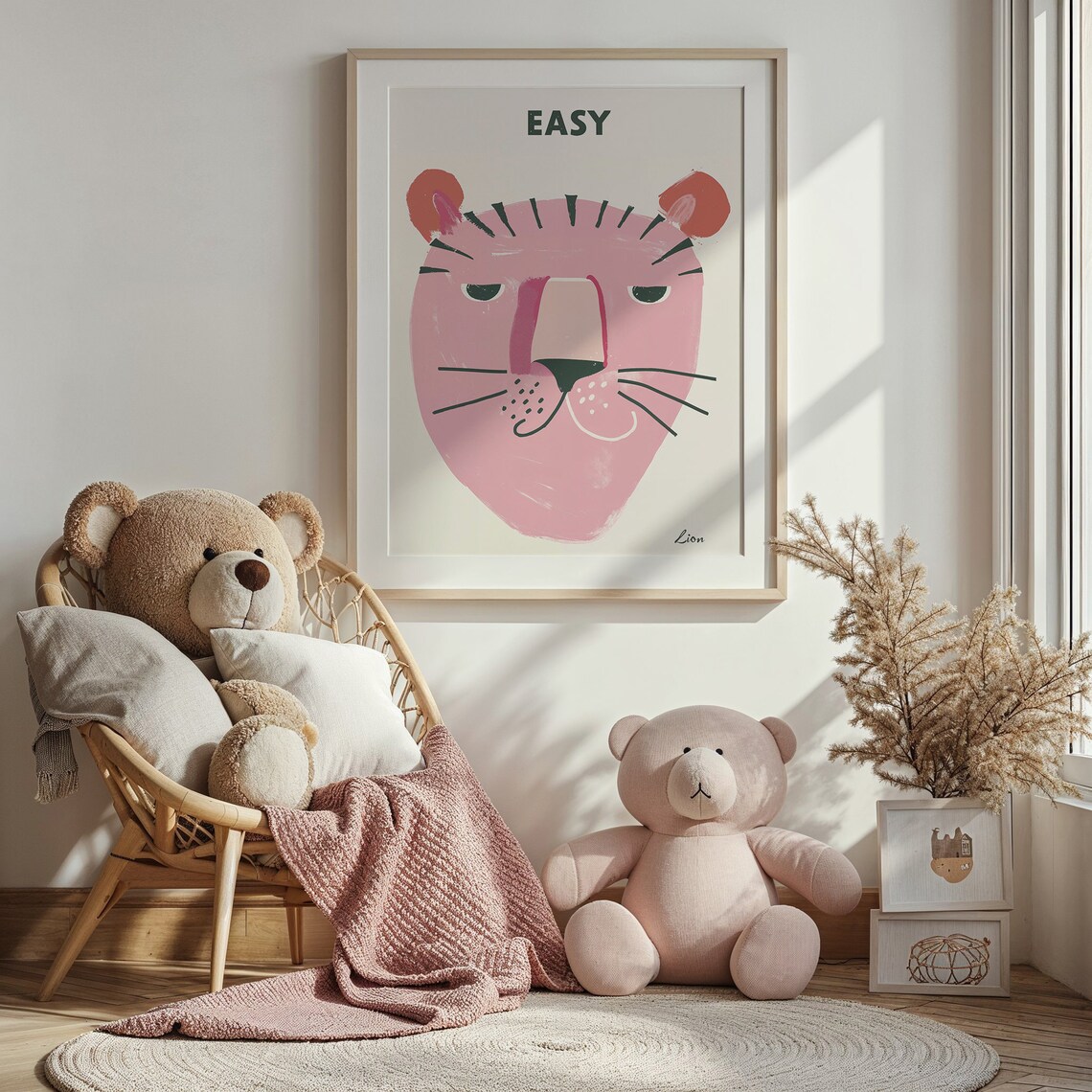Pink Easy Lion Face Naive Kids Nursery Animal Wall Art Poster - Image 5