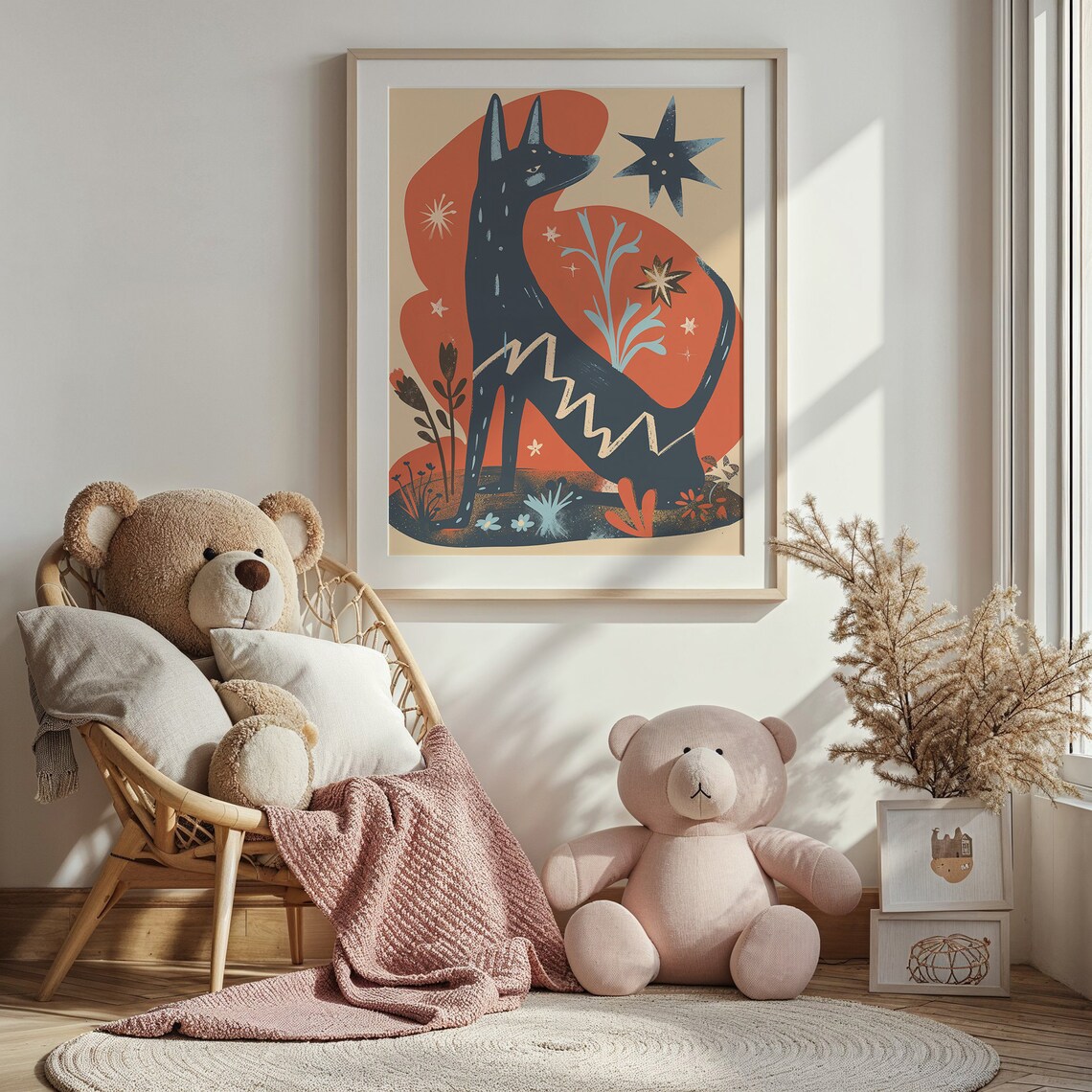 Sitting Black Dog Sunset Stars Bold Folk Art Animal Wall Poster - Image 4