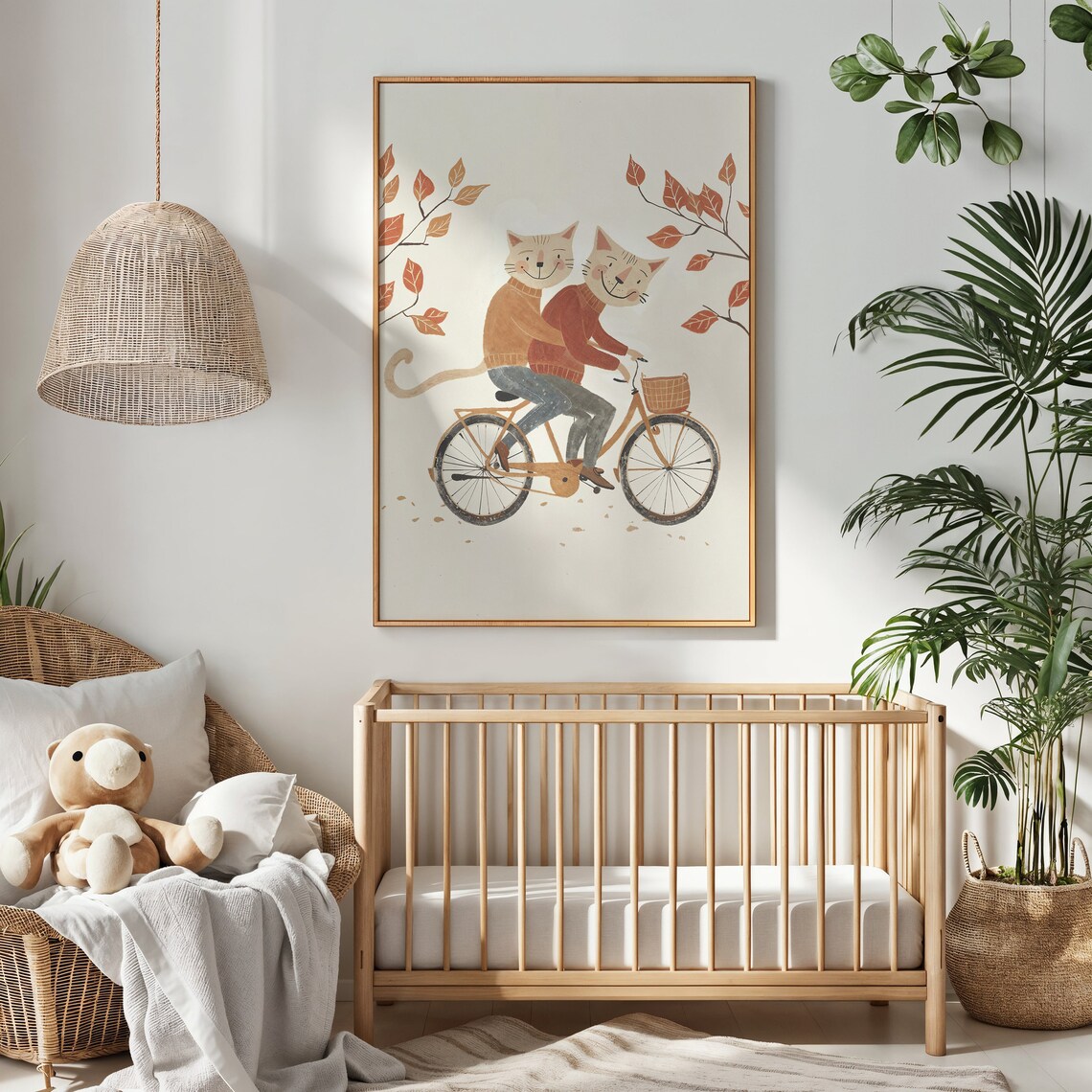 Two Cats Riding Bicycle In Autumn Leaves Whimsical Nursery Poster - Image 4