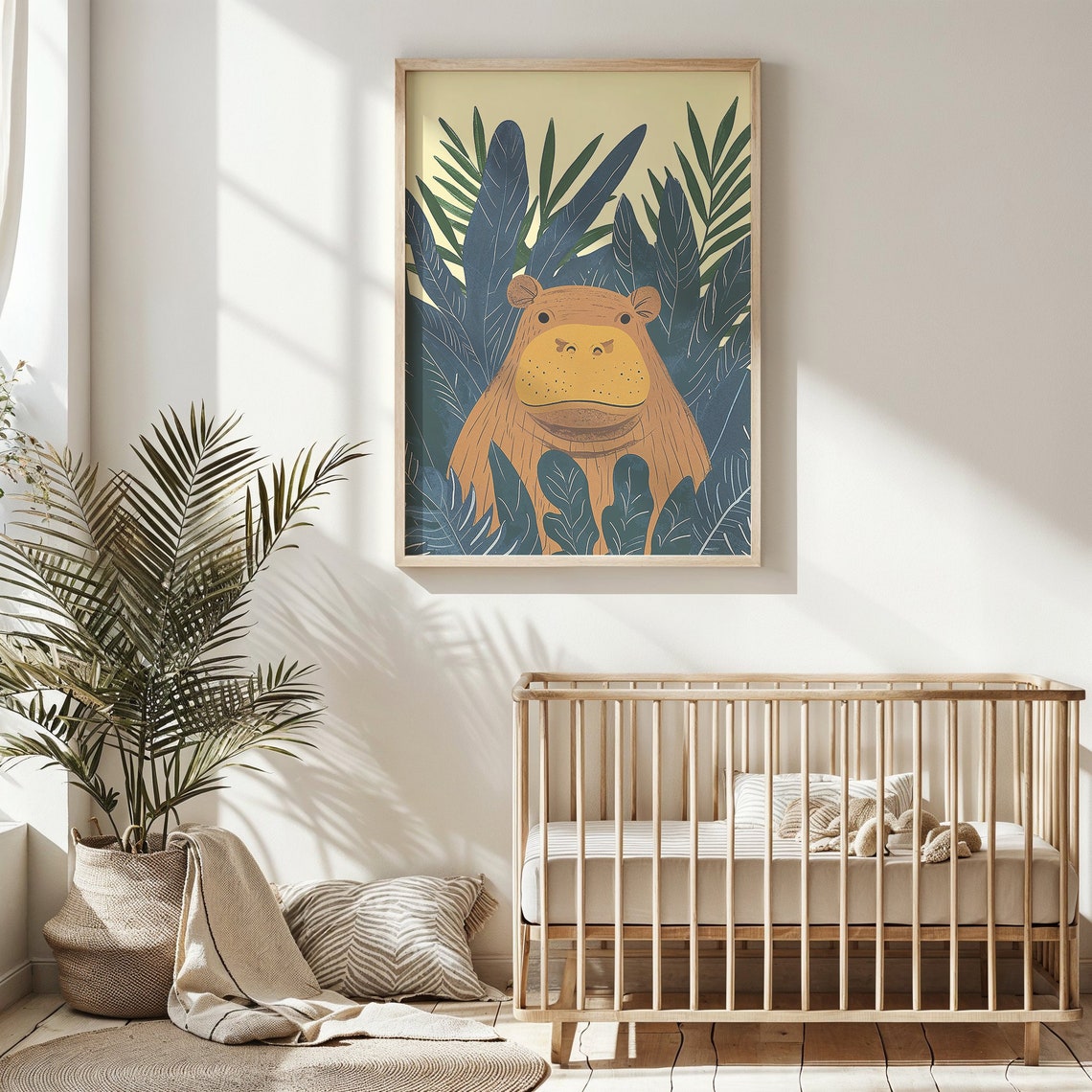 Smiling Hippo Peeking From Navy Jungle Leaves Nursery Poster