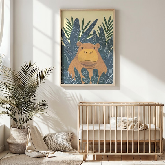 Smiling Hippo Peeking From Navy Jungle Leaves Nursery Poster