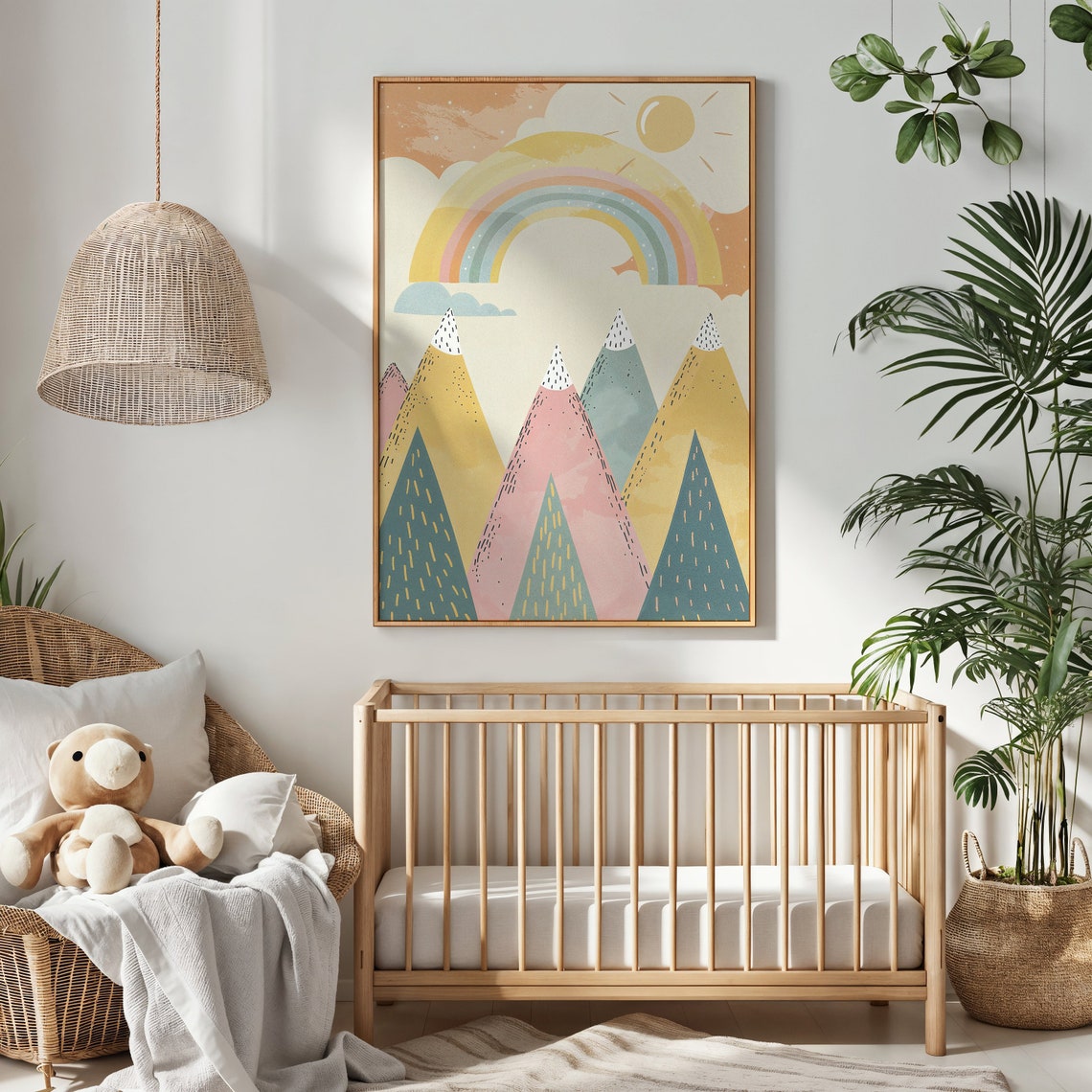 Rainbow Over Pastel Mountain Peaks Cheerful Playful Nursery Art Poster - Image 2