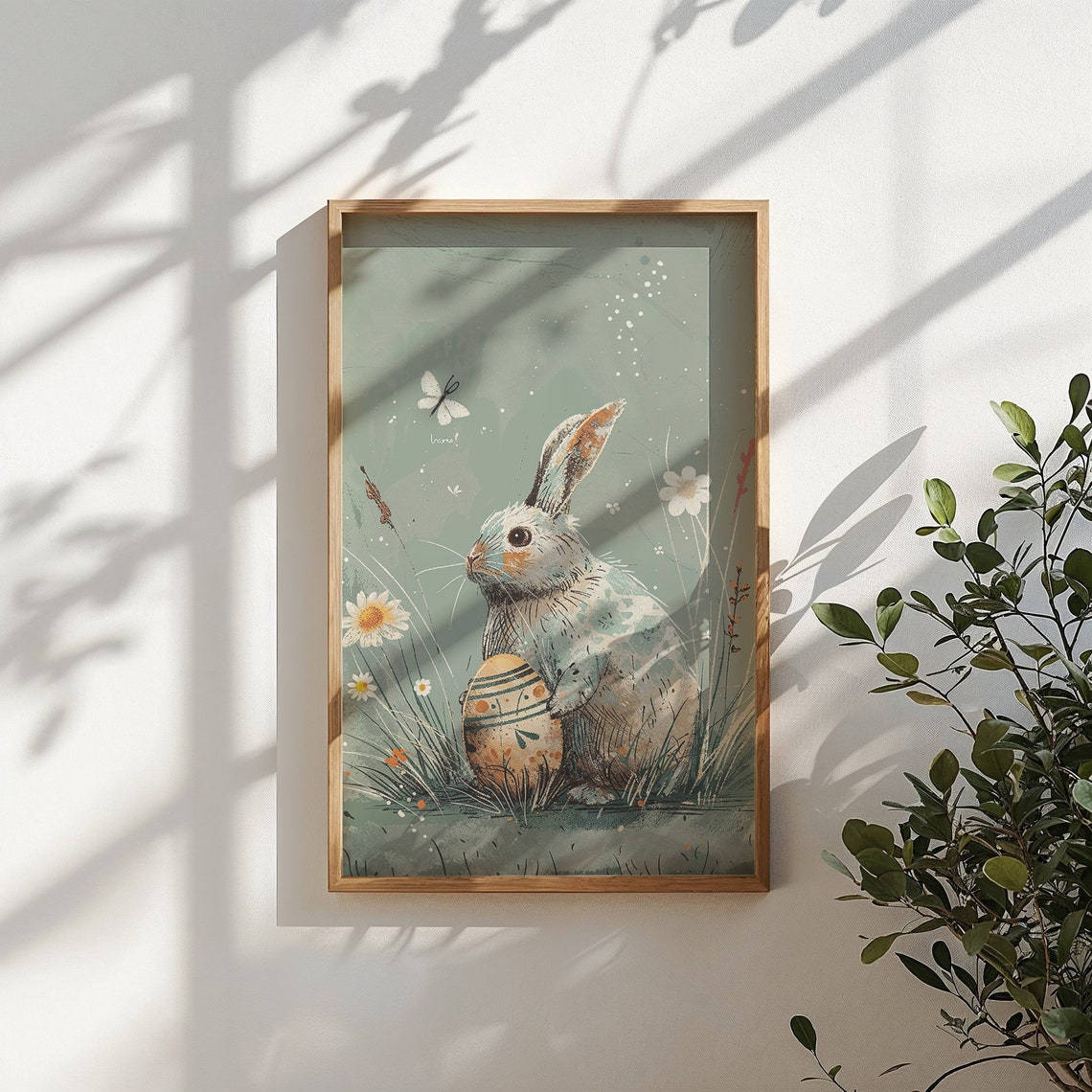 Gray Bunny Holding Painted Easter Egg With Daisies Vintage Art Print - Image 5