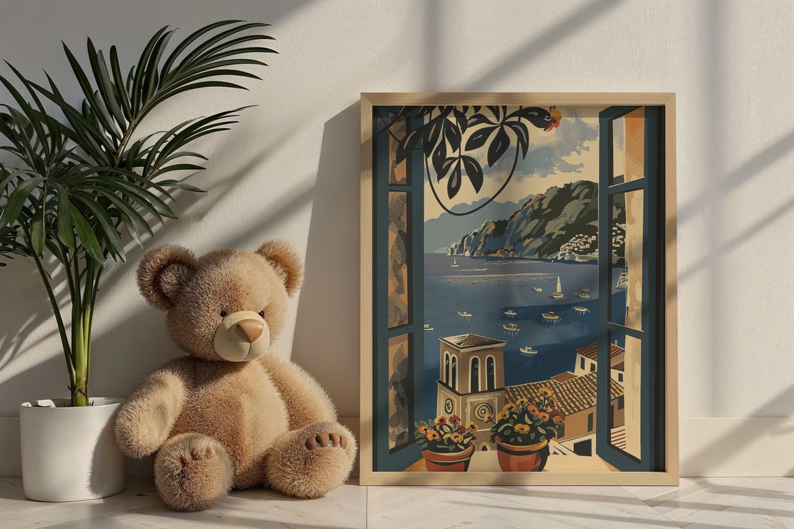 Mediterranean Harbor Bell Tower Window View Coastal Town Travel Poster - Image 6