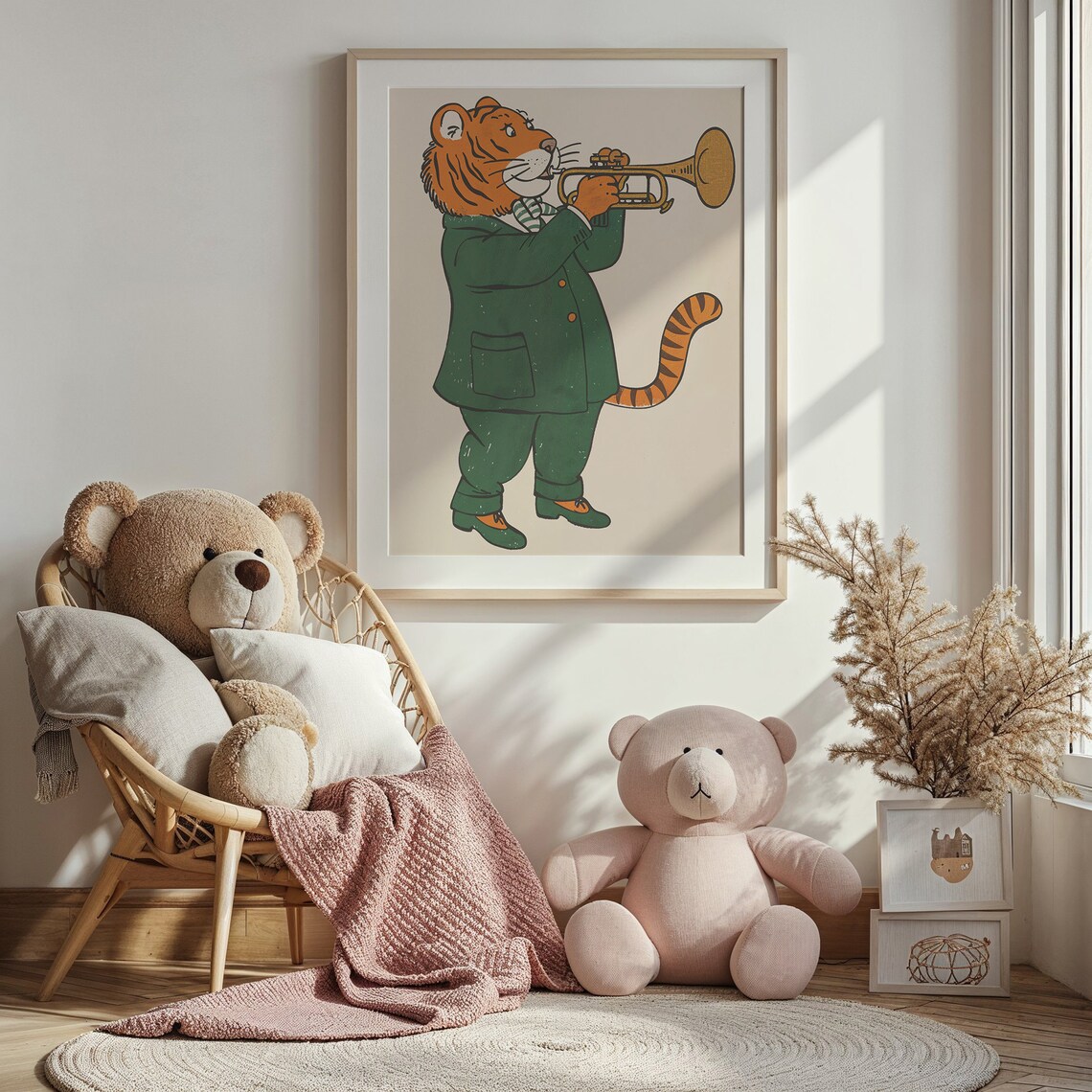 Tiger Playing Gold Trumpet Green Suit Scarf Kids Music Wall Poster - Image 3