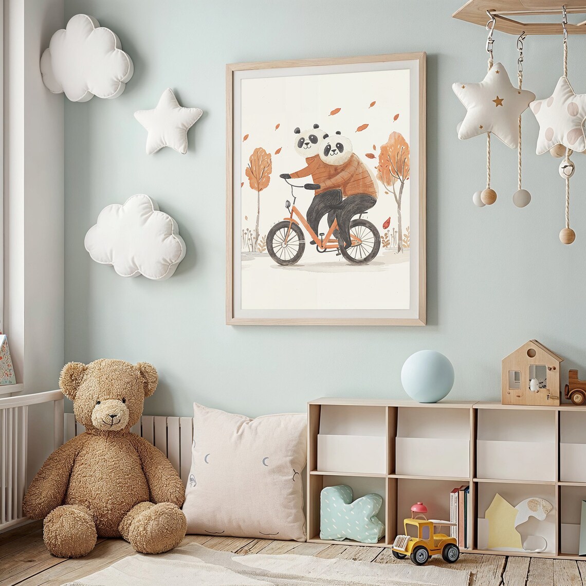 Two Pandas Riding Bicycle In Autumn Trees Watercolor Nursery Poster - Image 3