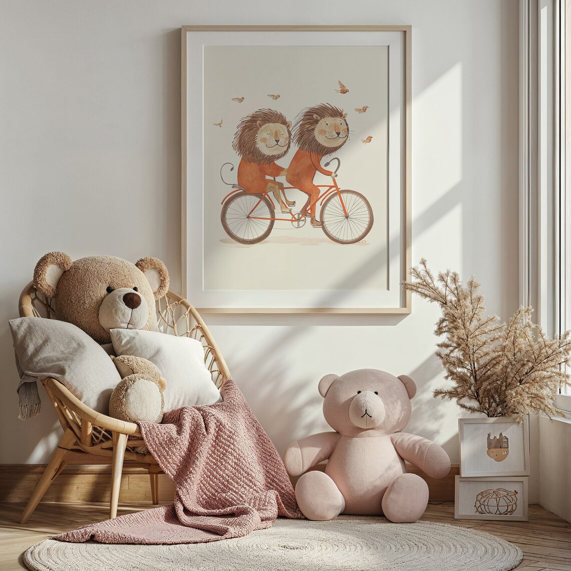 Two Happy Lions Riding Tandem Bicycle Watercolor Nursery Poster - Image 5