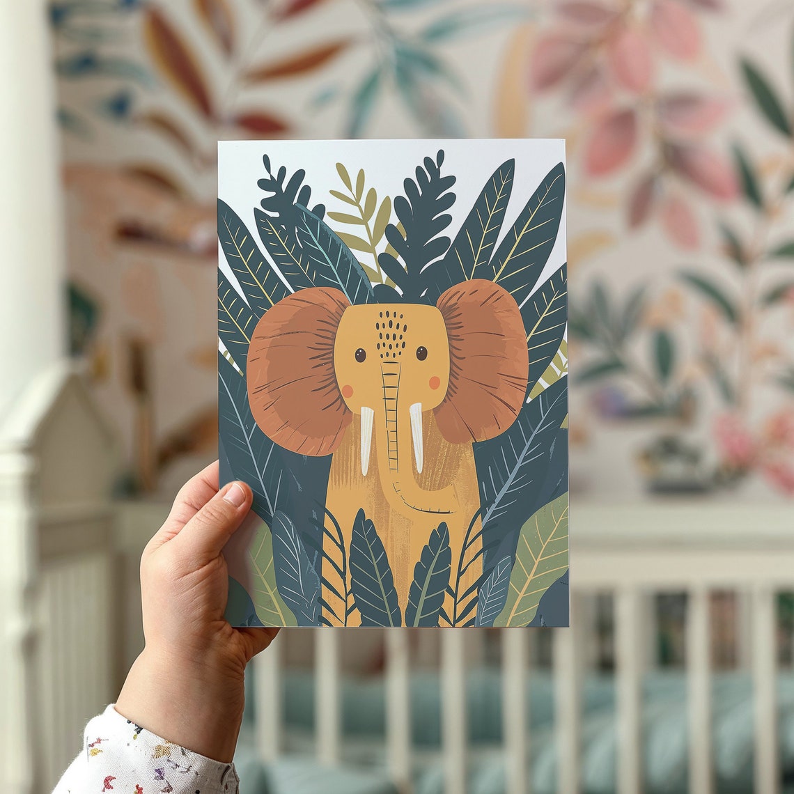 Mustard Elephant Face Front Dark Jungle Foliage Nursery Poster - Image 2