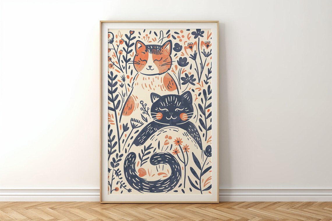 Floral Cats Illustration Orange And Navy Whimsical Kids Room Wall Art Poster - Image 5