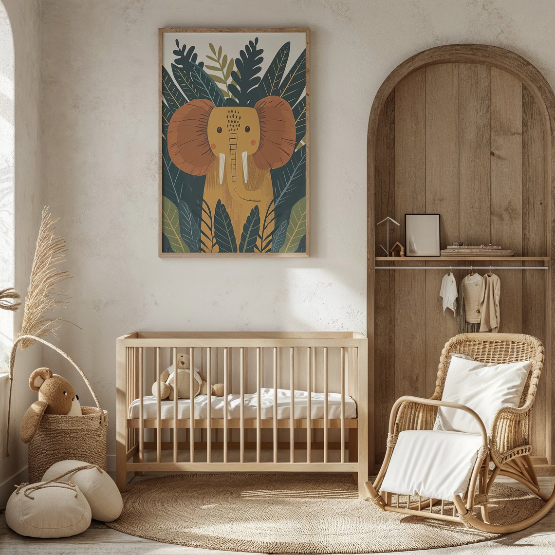 Mustard Elephant Face Front Dark Jungle Foliage Nursery Poster - Image 4