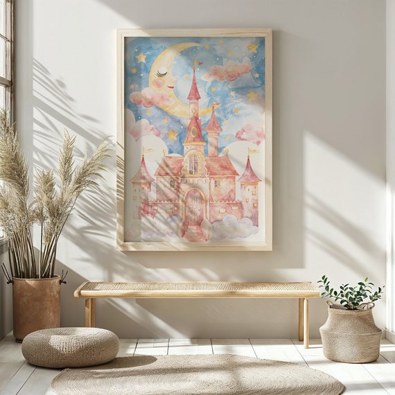 Fairytale Castle Nursery Wall Art Kids Fantasy Poster Watercolor Dreamy Castle Print Clouds Moon Decor Artwork Magical Gift Child
