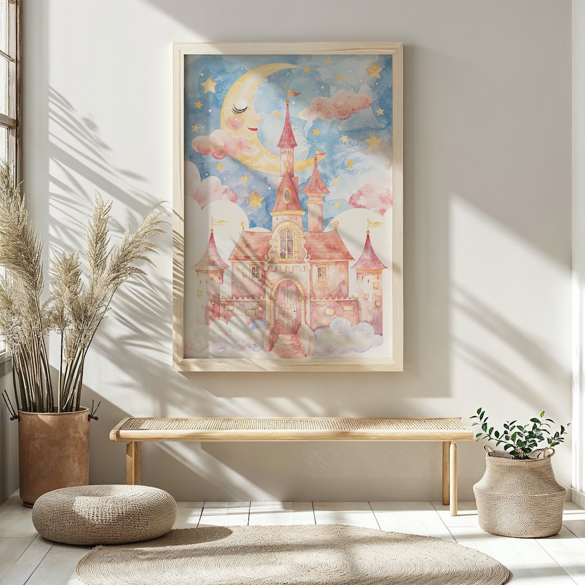 Pink Fairytale Castle Sleeping Moon Watercolor Nursery Wall Poster