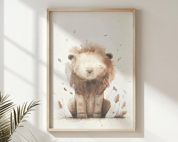 Baby Lion Cub Watercolor Neutral Beige Nursery Safari Animal Poster