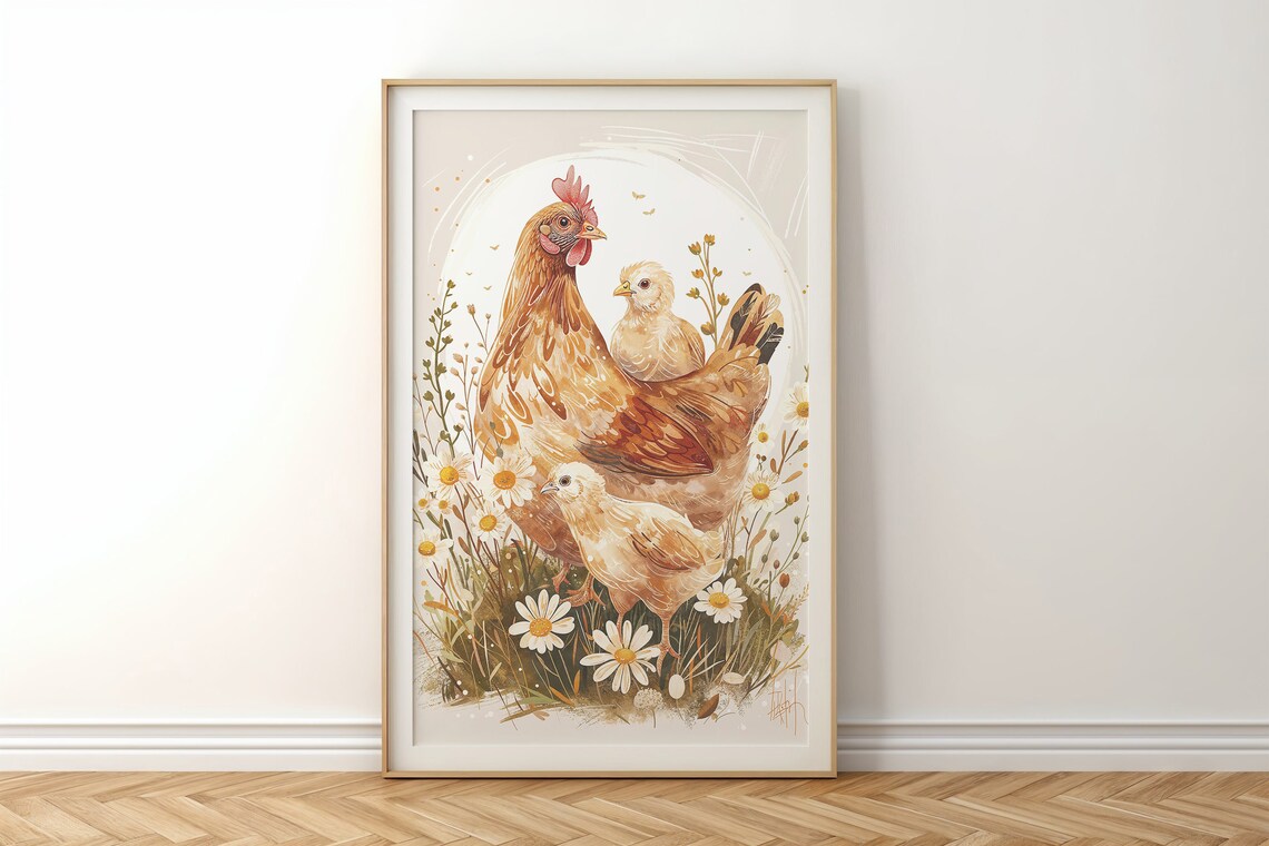 Hen And Baby Chicks Daisy Meadow Watercolor Farmhouse Nursery Poster - Image 6