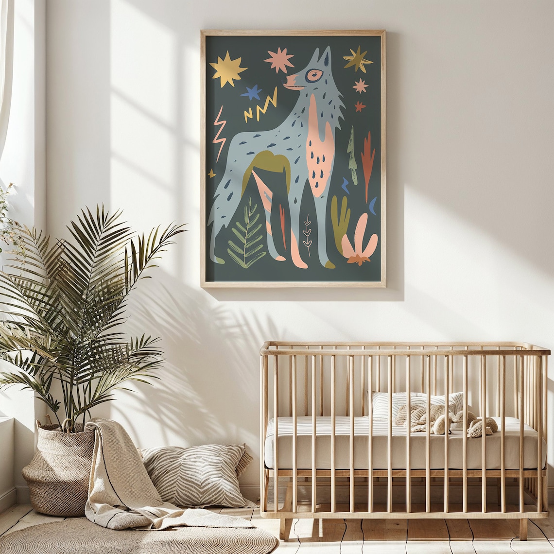 Celestial Gray Wolf Starry Night Folk Art Animal Wall Poster