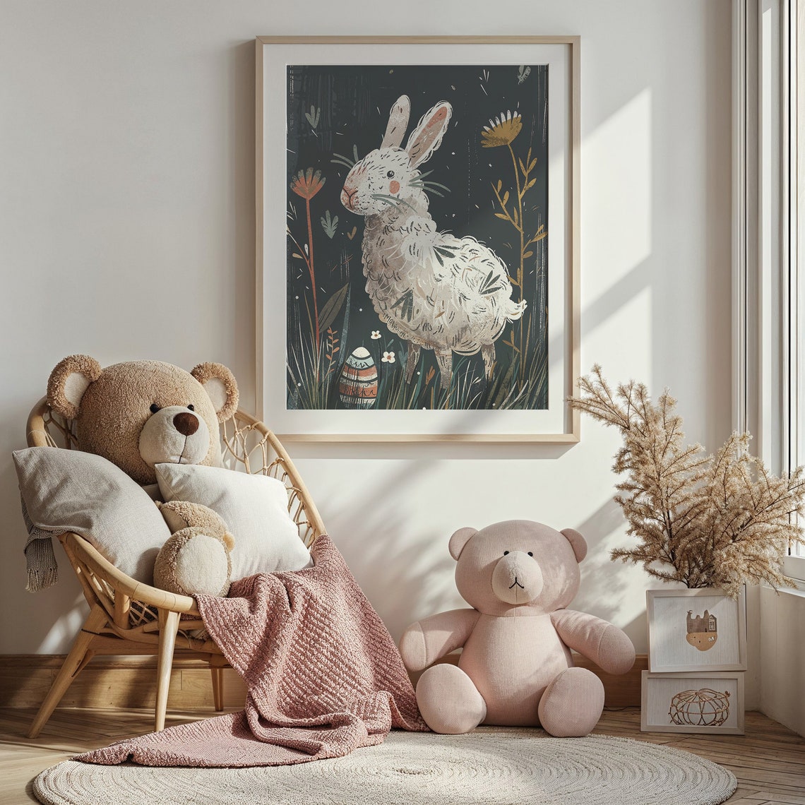 White Bunny Night Meadow Flowers Decorated Egg Storybook Poster - Image 3