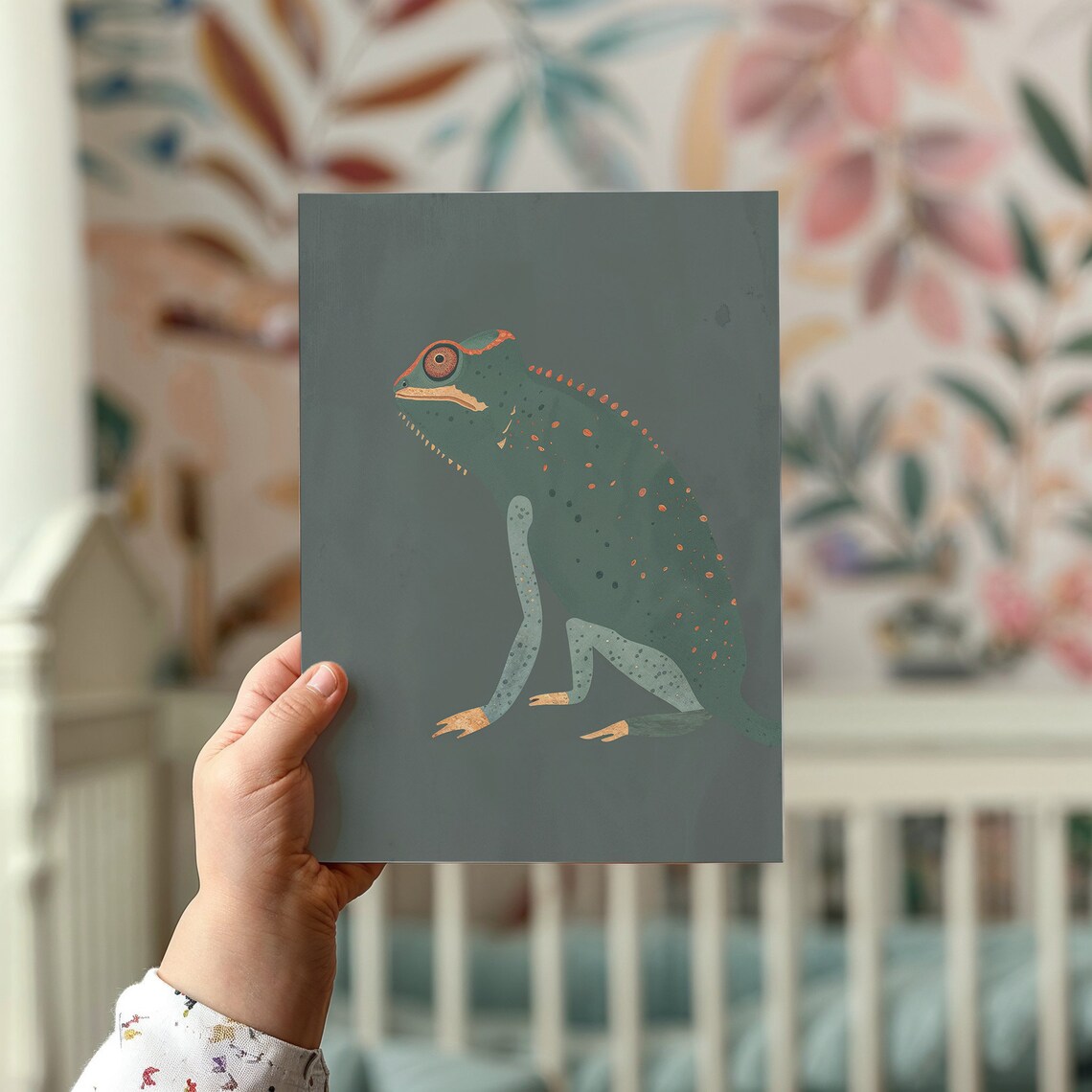 Chameleon With Orange Spots On Forest Green Kids Reptile Art Poster - Image 2