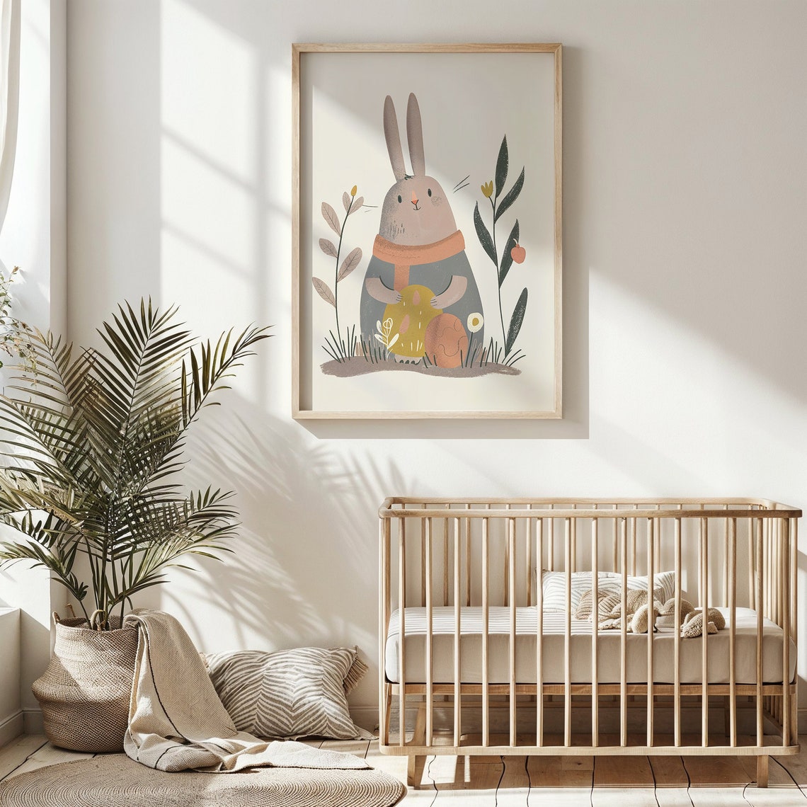 Gray Bunny in Orange Scarf Holding Easter Egg Minimal Kids Poster - Image 5