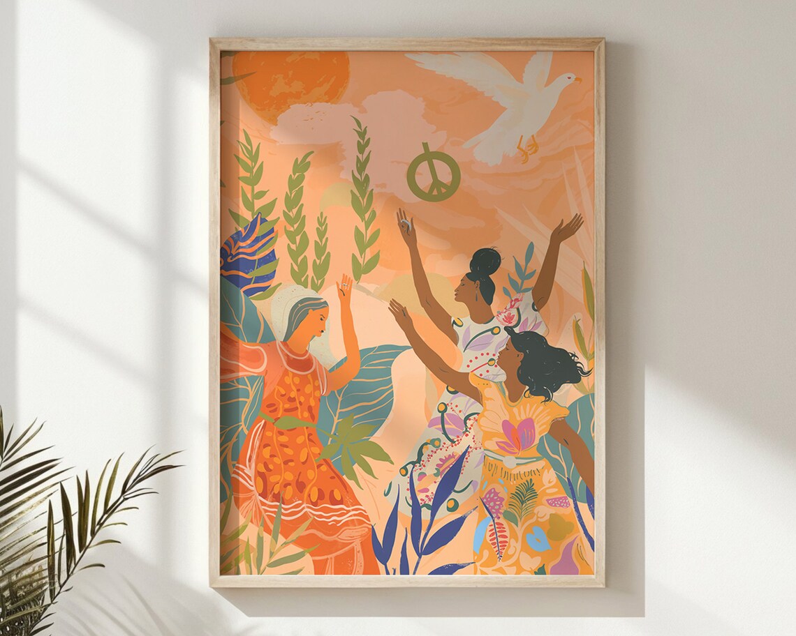 Peace Harmony Diverse Women Dove Peach Sky Unity Wall Art Poster - Image 5