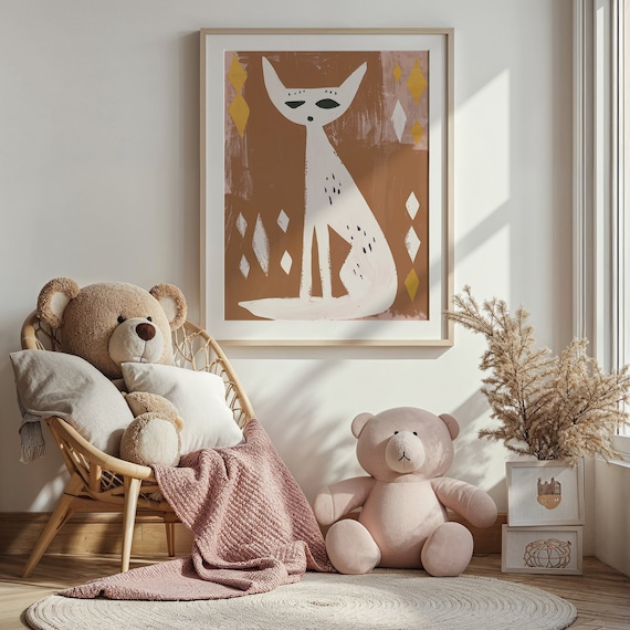 Abstract White Cat Terracotta Diamond Background Modern Nursery Poster