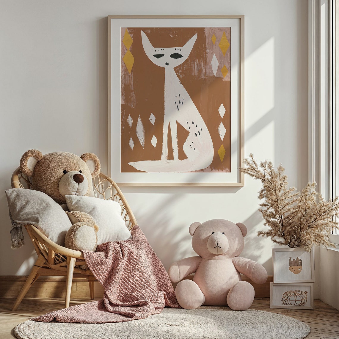 Abstract White Cat Terracotta Diamond Background Modern Nursery Poster