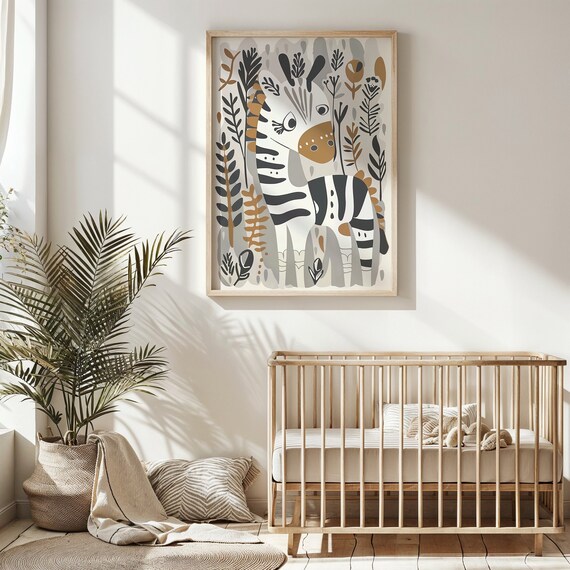 Zebra Safari Nursery Poster Neutral Tones Botanical Jungle Kids Print