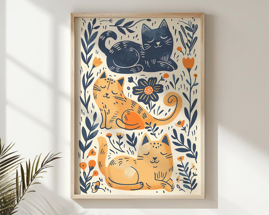 Whimsical Cat Nursery Wall Art, Playful Feline Poster