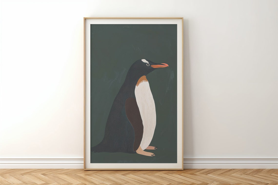 Penguin With Orange Beak On Forest Green Minimalist Nursery Art Poster - Image 6