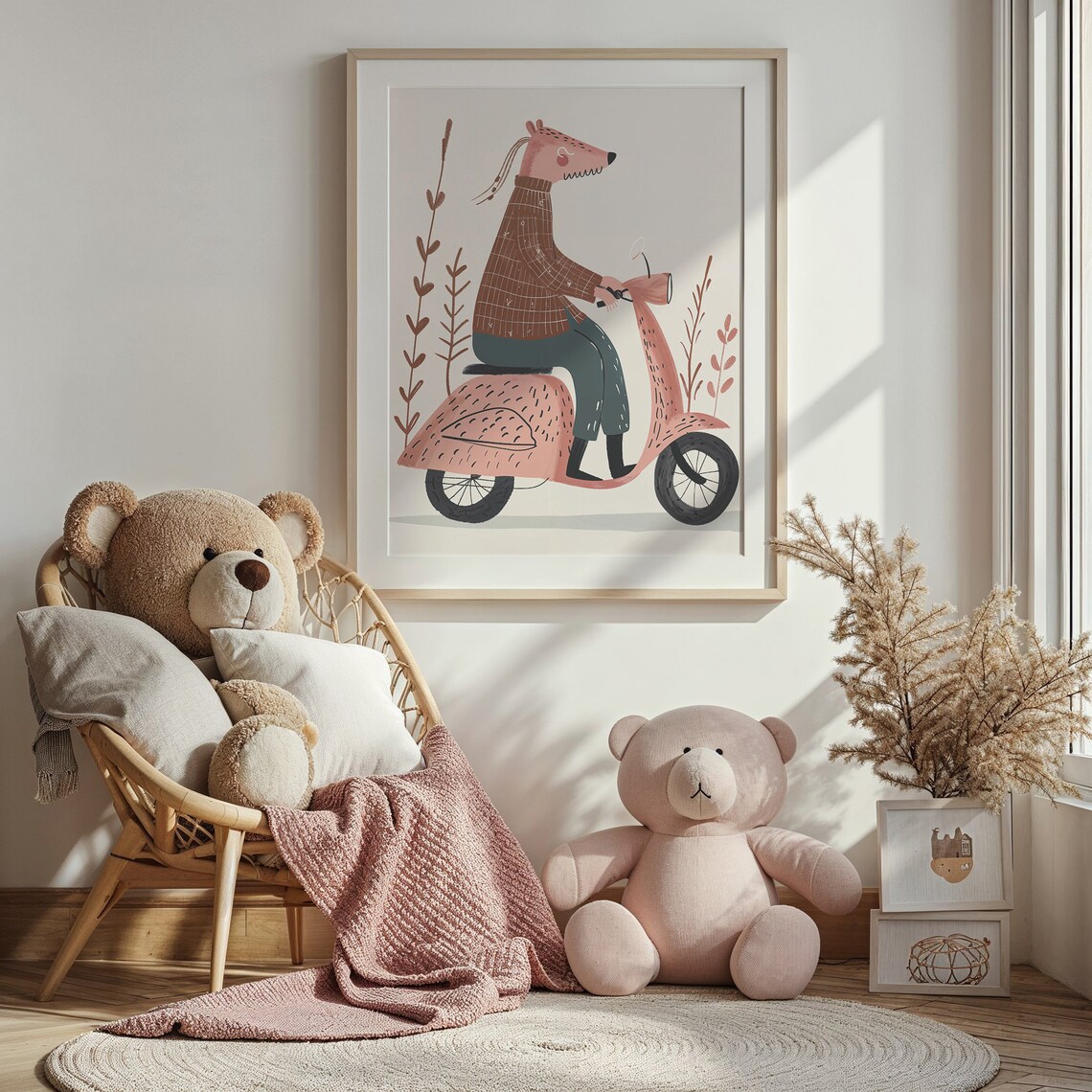 Whimsical Animal Riding Pink Scooter Nursery Poster Playful Kids Art - Image 3